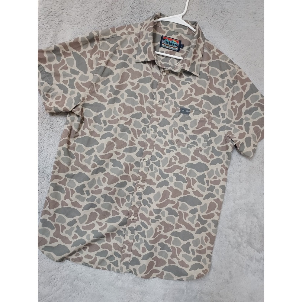 Burlebo Shirt Men Large Short Sleeve Duck Camo Performance Button Down Green L